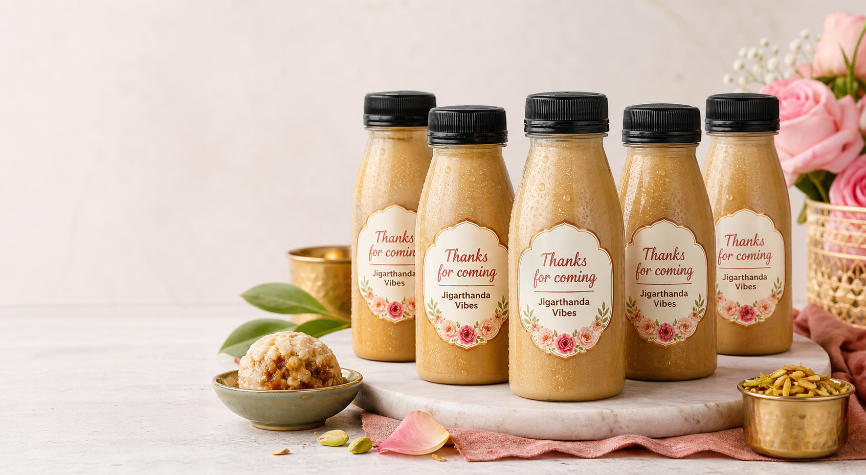 Custom Jigarthanda Vibes 4oz bottles with thank-you labels